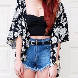 Long black and white floral kimono